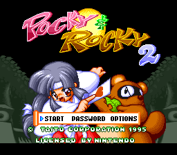 Pocky and Rocky 2 title screen for Super Nintendo